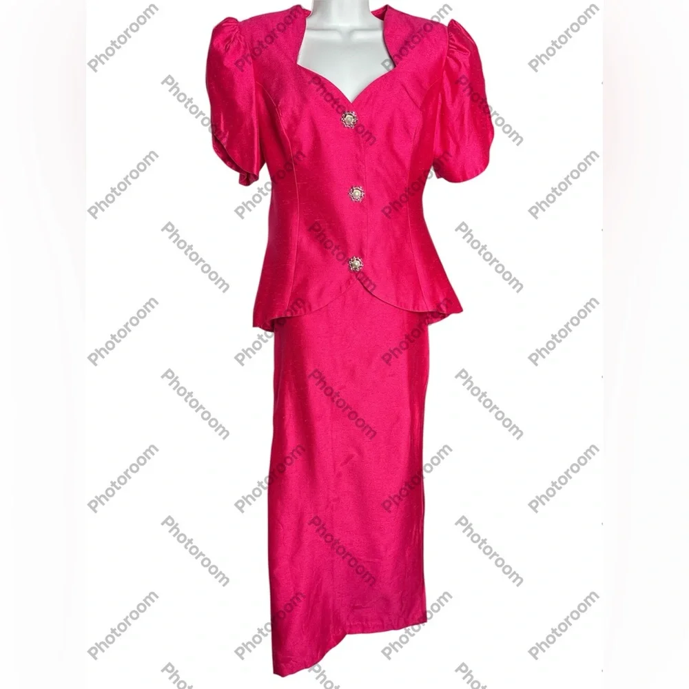 VINTAGE 1980s HOT PINK Formal Peplum Dress Skirt Set - M